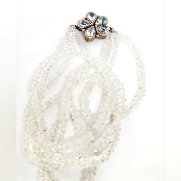 Vintage .925 Sterling Silver Blue Topaz Flower Multi Strand Clr Quartz Necklace